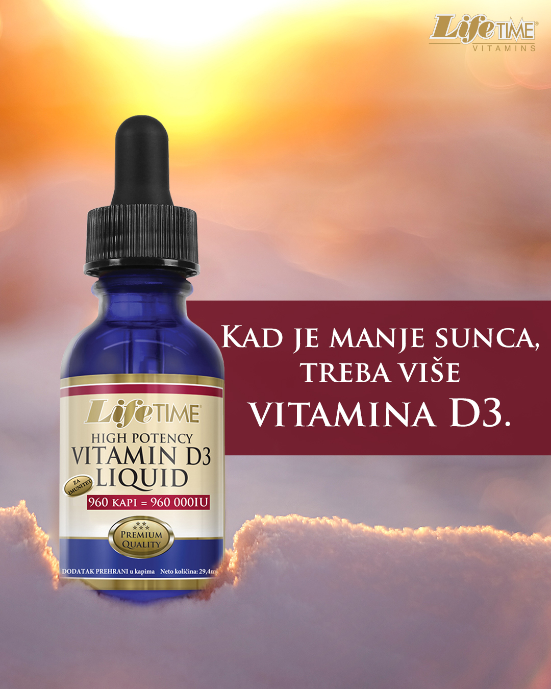 Jeste li znali da čak 70-90% vitamina D dobijemo od sunca, a da se u hladnijim danima ta količina drastično smanjuje? 🌥️❄️

Zato mnogi osjećaju umor, pad koncentracije i slabiji imunitet baš u ovo doba godine.

Dobra vijest? Vitamin D3 je jednostavno nadoknaditi, a tijelo ga i te kako zna iskoristiti. Mi preporučujemo LifeTime Vitamin D3 kapi - praktično i učinkovito. 🌞

Brinimo o sebi i kad sunce malo odmara. 💙

🌐 www.lifetime.hr
#lifetimedodaciprehrani #vitamind3 #imunitet #hladnidani #zdravlje #farmexhrvatska